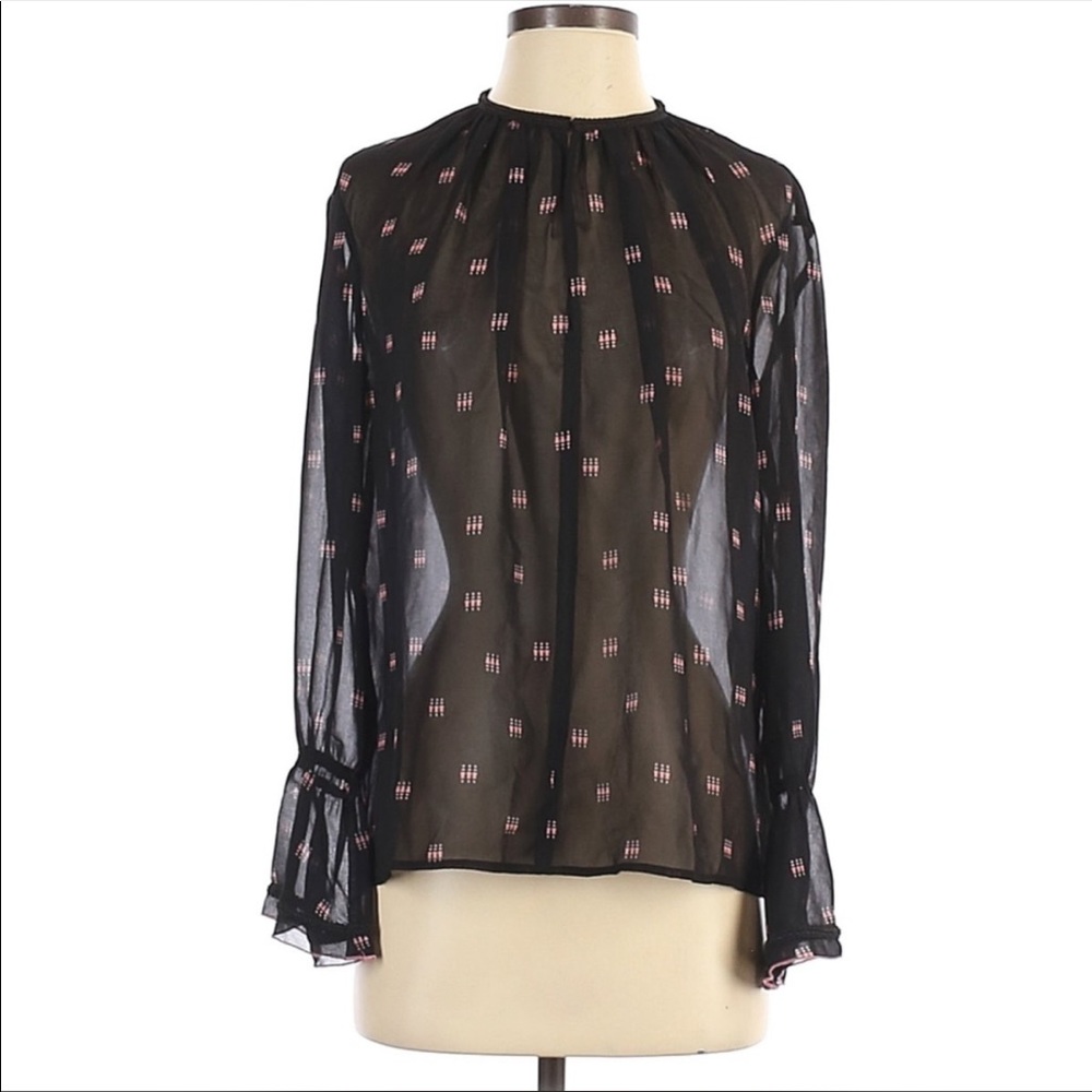 NEW Maje Litea Trimmed Printed Semi Sheer Voile Bell Sleeve Blouse Size Small - Picture 2 of 4